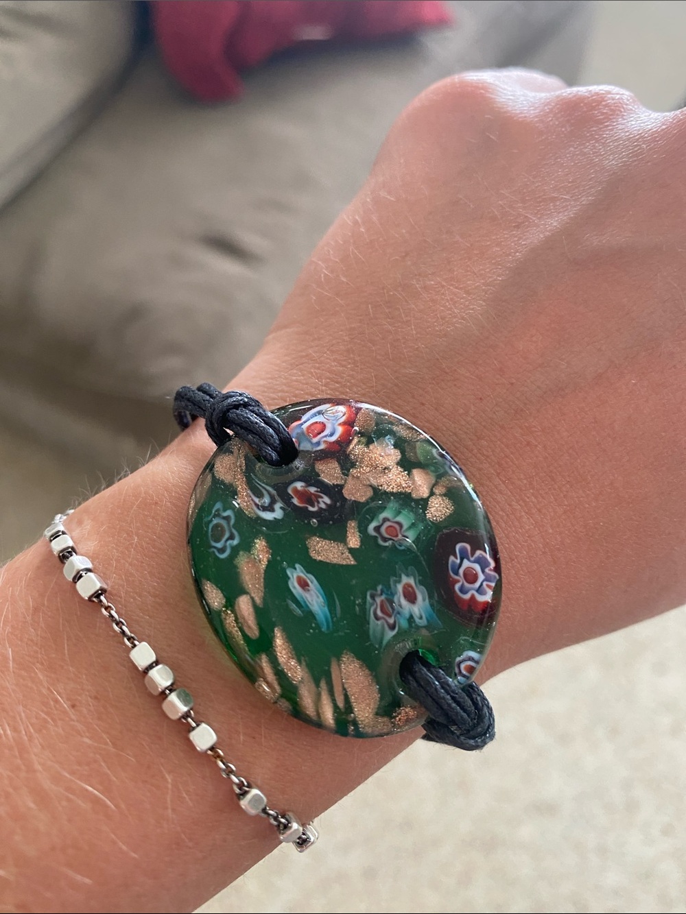 Handcrafted Green Glass Millefiori Disc Bracelet - Women Jewelry